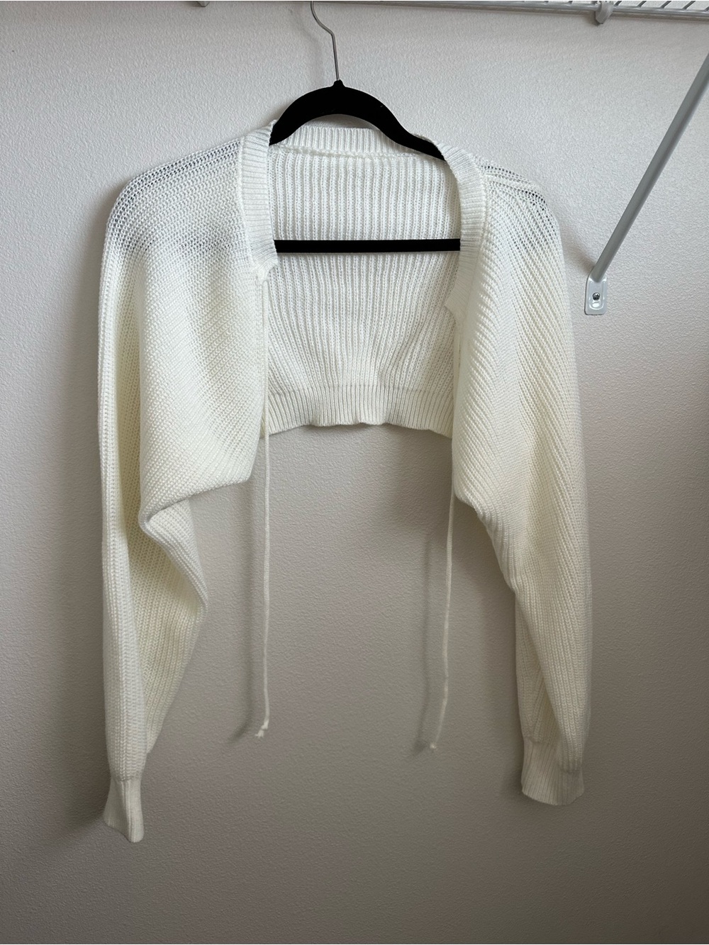 Cropped Open-Front White Knit Shrug with Drawstring